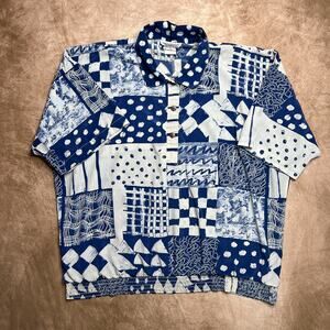Vintage 80s Peter Popovitch Geometric Patchwork Polo Shirt Elastic Waist Blue